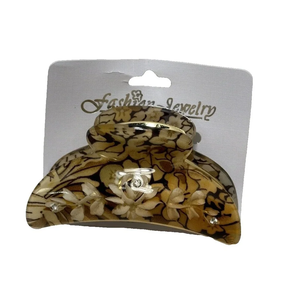 Floral Tortoise Hair Claw Clip Gold‎ Tone Rhinestone Flower Hair Accessory New
